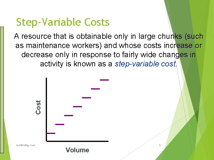 Step-Variable Costs Cost A resource that is obtainable only in large chunks (such as