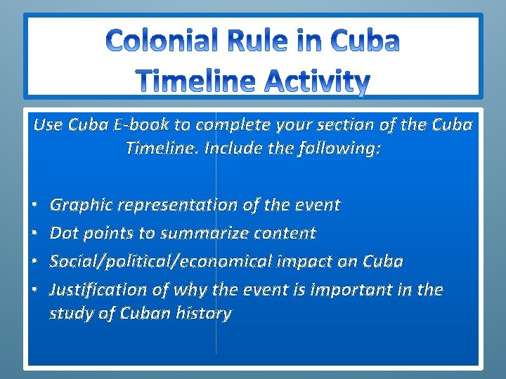 Use Cuba E-book to complete your section of the Cuba Timeline. Include the following:
