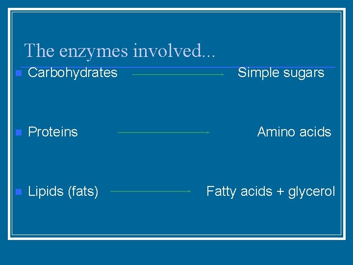 The enzymes involved. . . n Carbohydrates n Proteins n Lipids (fats) Simple sugars
