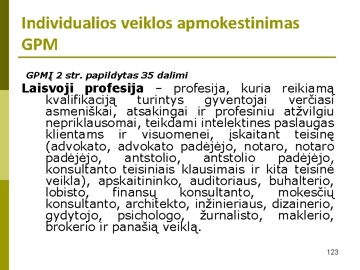 Individualios veiklos apmokestinimas GPMĮ 2 str. papildytas 35 dalimi Laisvoji profesija – profesija, kuria