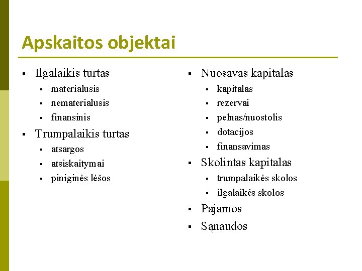 Apskaitos objektai § Ilgalaikis turtas Nuosavas kapitalas materialusis nematerialusis finansinis § Trumpalaikis turtas §