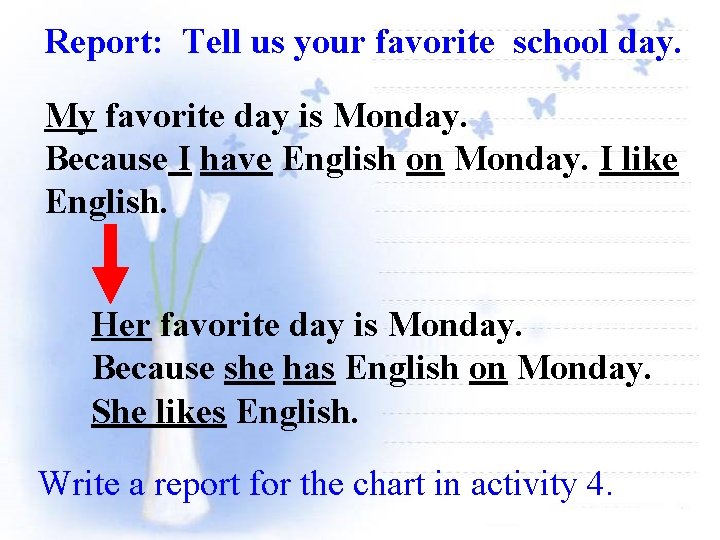 Report: Tell us your favorite school day. My favorite day is Monday. Because I