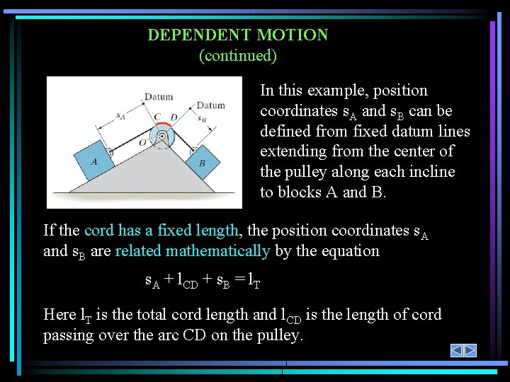 DEPENDENT MOTION (continued) In this example, position coordinates s. A and s. B can