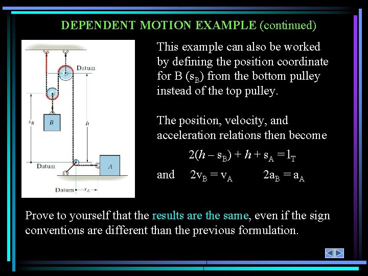 DEPENDENT MOTION EXAMPLE (continued) This example can also be worked by defining the position