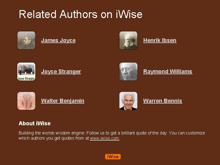 Related Authors on i. Wise James Joyce Henrik Ibsen Joyce Stranger Raymond Williams Walter