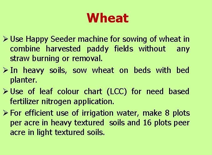 Wheat Ø Use Happy Seeder machine for sowing of wheat in combine harvested paddy