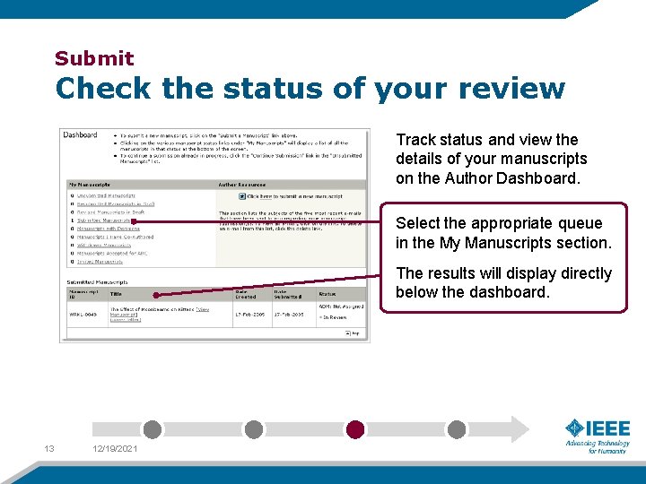 Submit Check the status of your review Track status and view the details of