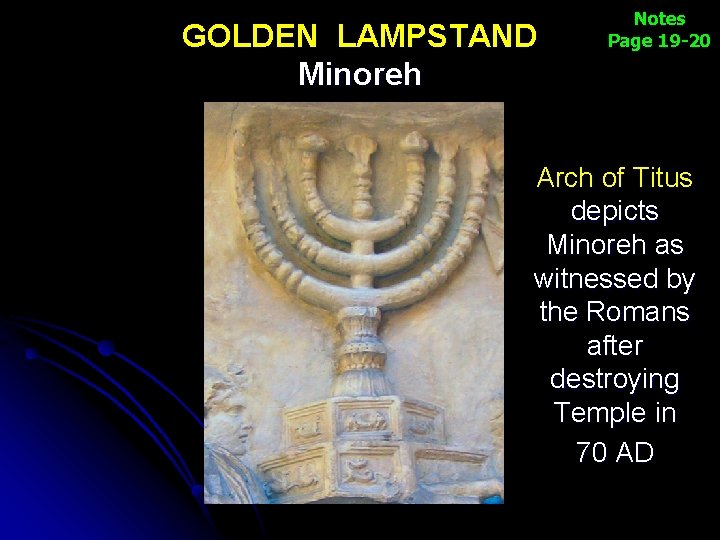 GOLDEN LAMPSTAND Minoreh Notes Page 19 -20 Arch of Titus depicts Minoreh as witnessed