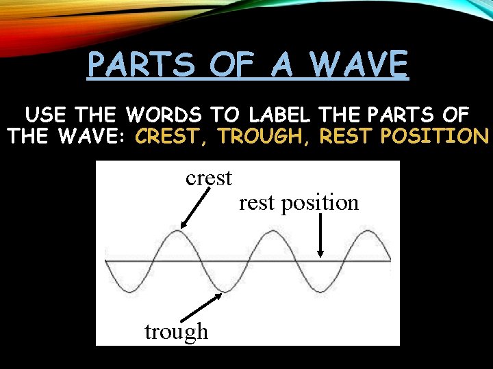 PARTS OF A WAVE USE THE WORDS TO LABEL THE PARTS OF THE WAVE: