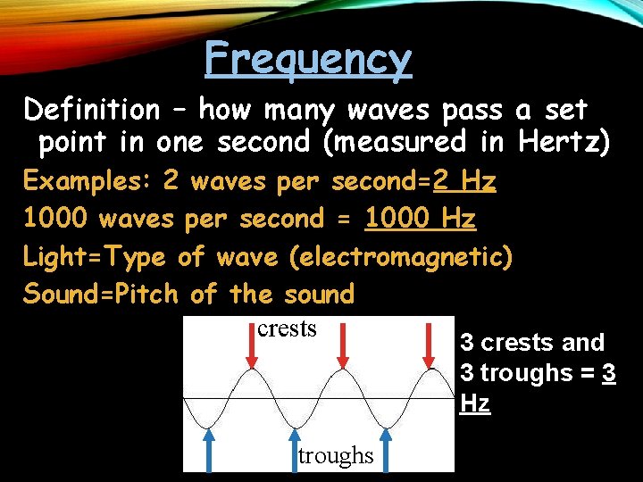 Frequency Definition – how many waves pass a set point in one second (measured