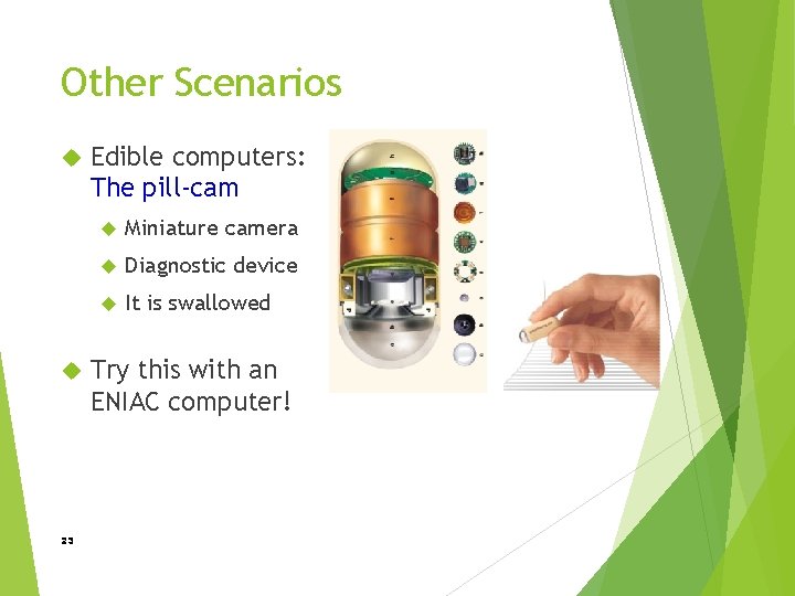 Other Scenarios 23 Edible computers: The pill-cam Miniature camera Diagnostic device It is swallowed