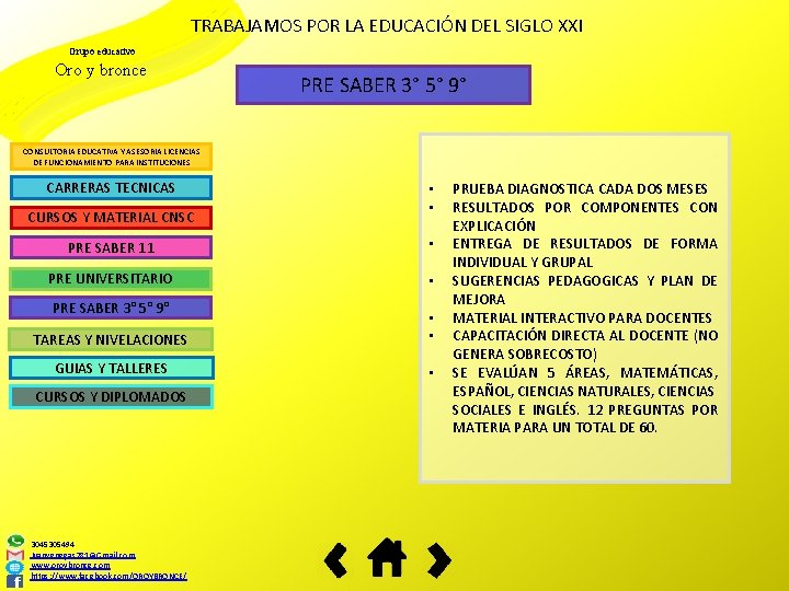 TRABAJAMOS POR LA EDUCACIÓN DEL SIGLO XXI Grupo educativo Oro y bronce PRE SABER