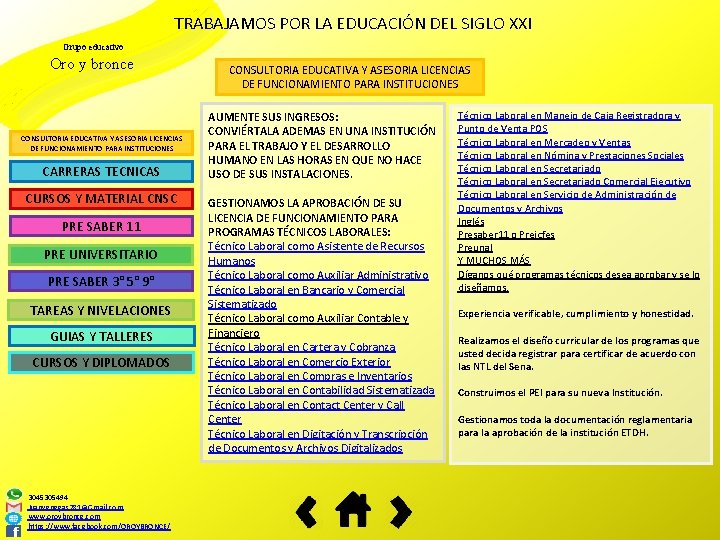 TRABAJAMOS POR LA EDUCACIÓN DEL SIGLO XXI Grupo educativo Oro y bronce CONSULTORIA EDUCATIVA