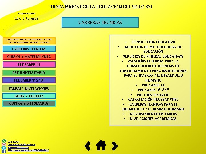 TRABAJAMOS POR LA EDUCACIÓN DEL SIGLO XXI Grupo educativo Oro y bronce CONSULTORIA EDUCATIVA
