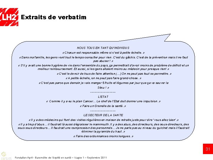 Extraits de verbatim NOUS TOUS EN TANT QU’INDIVIDUS « Chacun est responsable même si