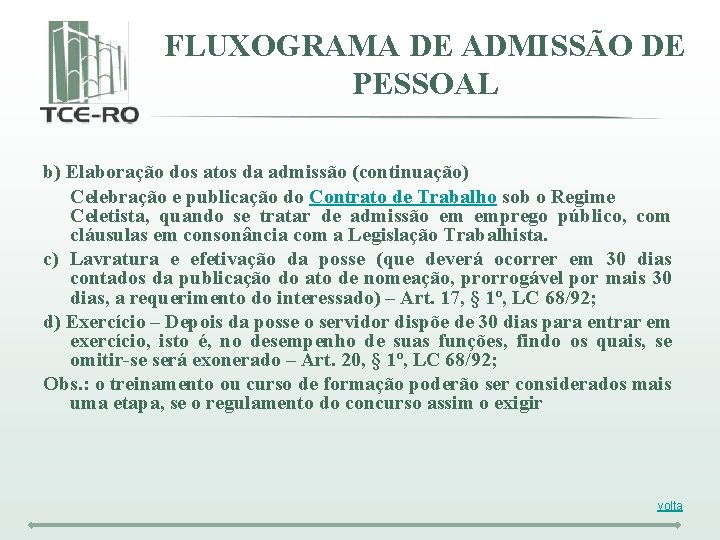 FLUXOGRAMA DE ADMISSÃO DE PESSOAL b) Elaboração dos atos da admissão (continuação) Celebração e