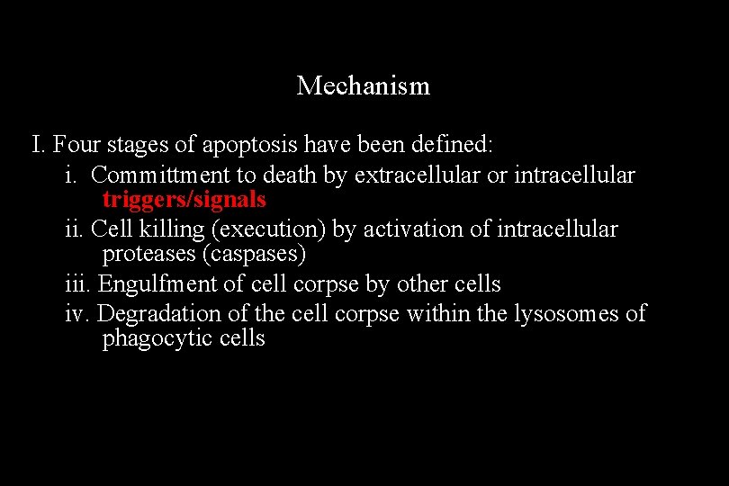 Mechanism I. Four stages of apoptosis have been defined: i. Committment to death by