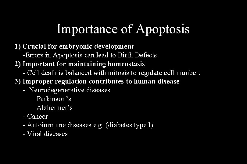 Importance of Apoptosis 1) Crucial for embryonic development -Errors in Apoptosis can lead to