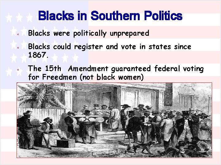 Blacks in Southern Politics « Blacks were politically unprepared « Blacks could register and