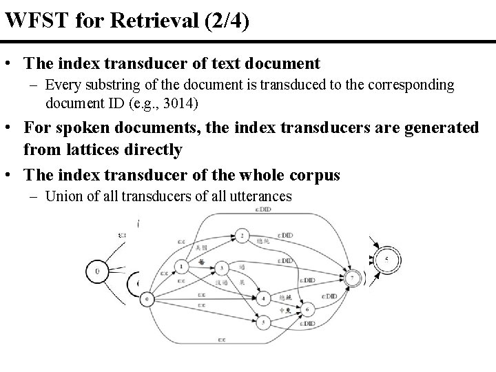 WFST for Retrieval (2/4) • The index transducer of text document – Every substring