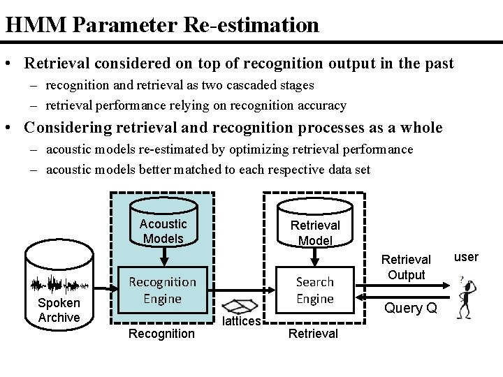 HMM Parameter Re-estimation • Retrieval considered on top of recognition output in the past