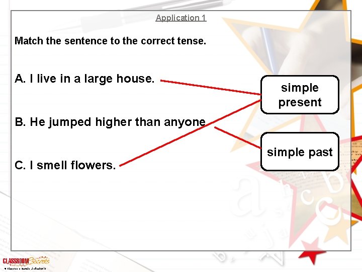 Application 1 Match the sentence to the correct tense. A. I live in a