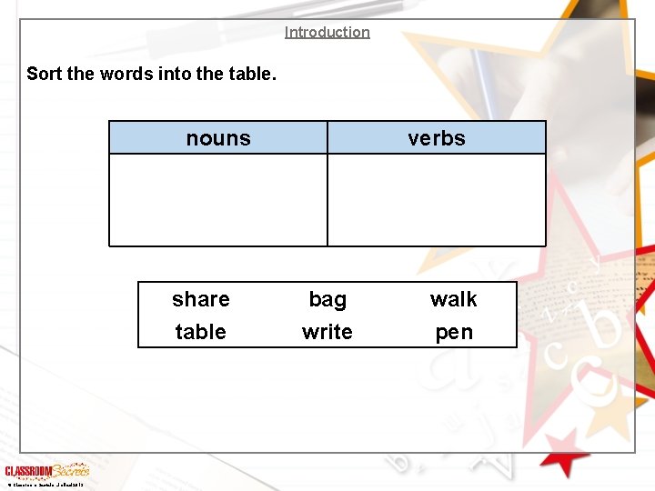 Introduction Sort the words into the table. nouns share table © Classroom Secrets Limited