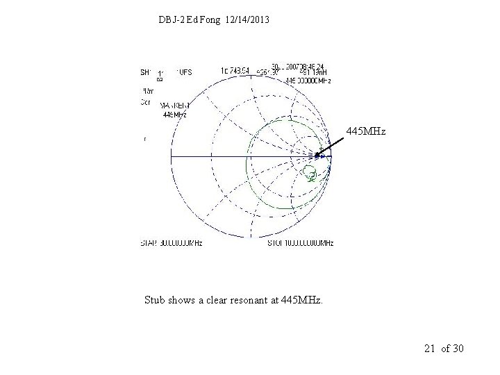 DBJ-2 Ed Fong 12/14/2013 445 MHz Stub shows a clear resonant at 445 MHz.