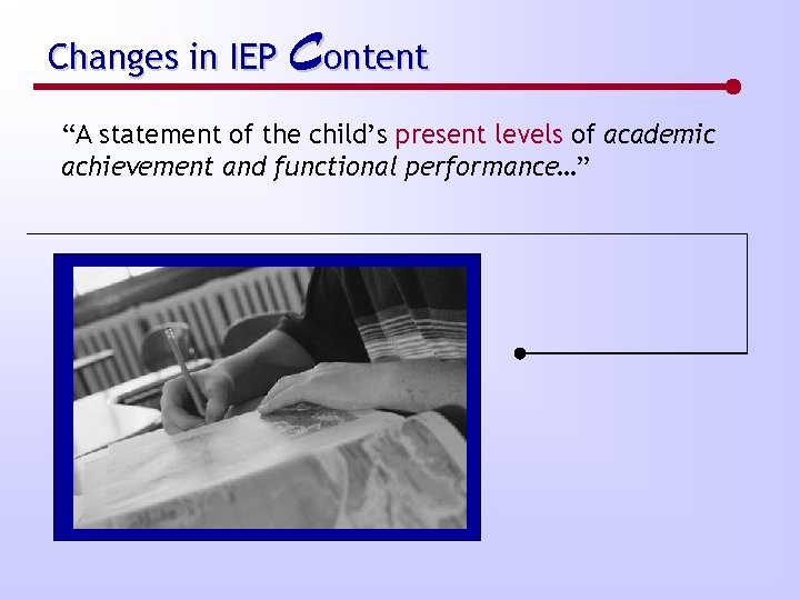 Changes in IEP Content “A statement of the child’s present levels of academic achievement