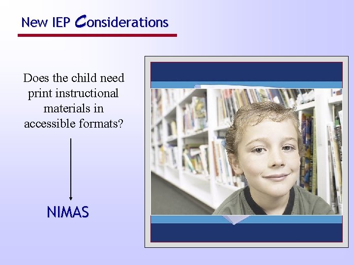 New IEP Considerations Does the child need print instructional materials in accessible formats? NIMAS