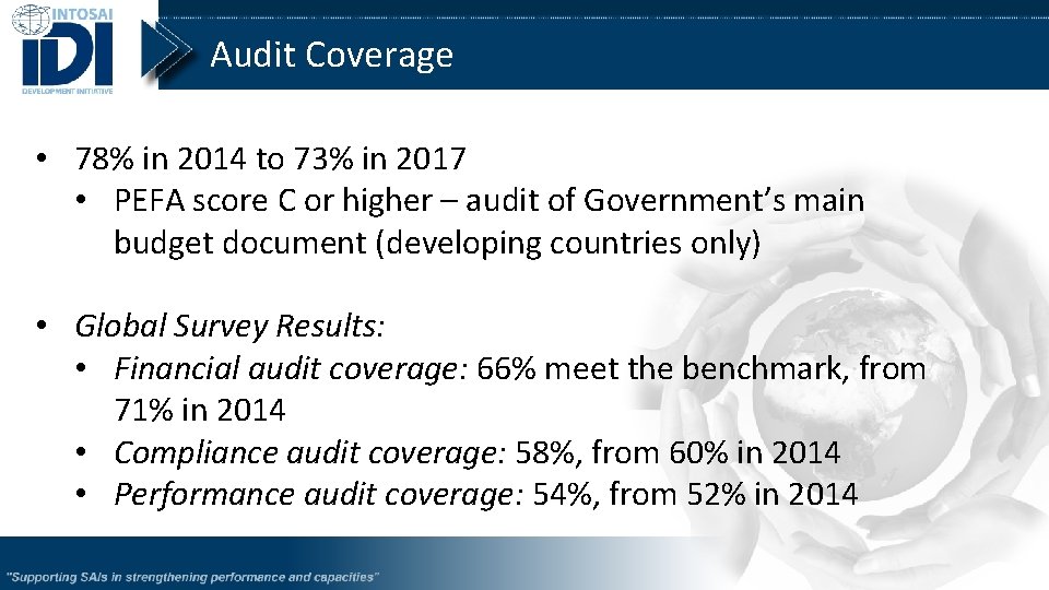 Audit Coverage • 78% in 2014 to 73% in 2017 • PEFA score C