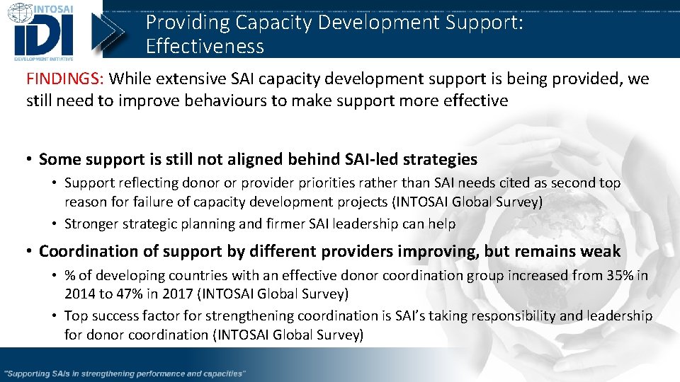 Providing Capacity Development Support: Effectiveness FINDINGS: While extensive SAI capacity development support is being