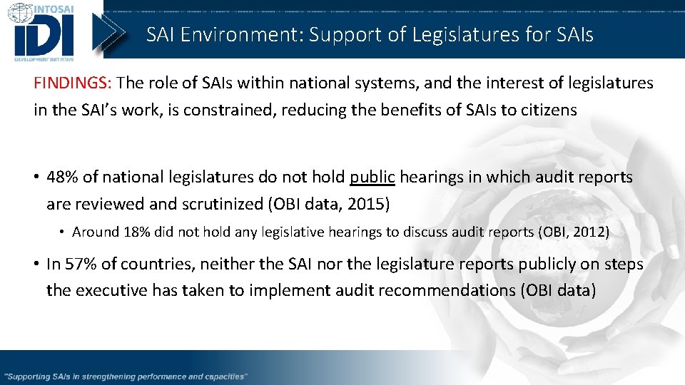 SAI Environment: Support of Legislatures for SAIs FINDINGS: The role of SAIs within national