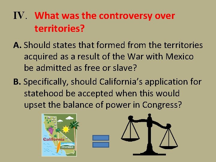 IV. What was the controversy over territories? A. Should states that formed from the