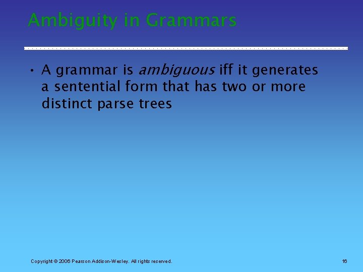 Ambiguity in Grammars • A grammar is ambiguous iff it generates a sentential form