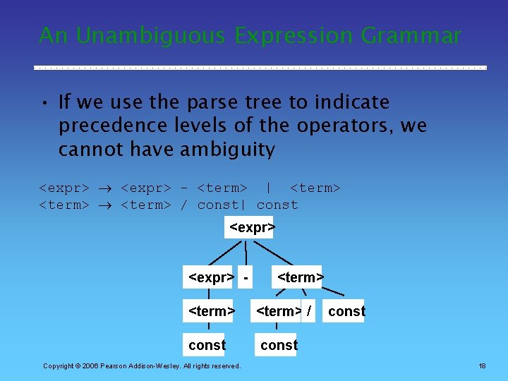 An Unambiguous Expression Grammar • If we use the parse tree to indicate precedence