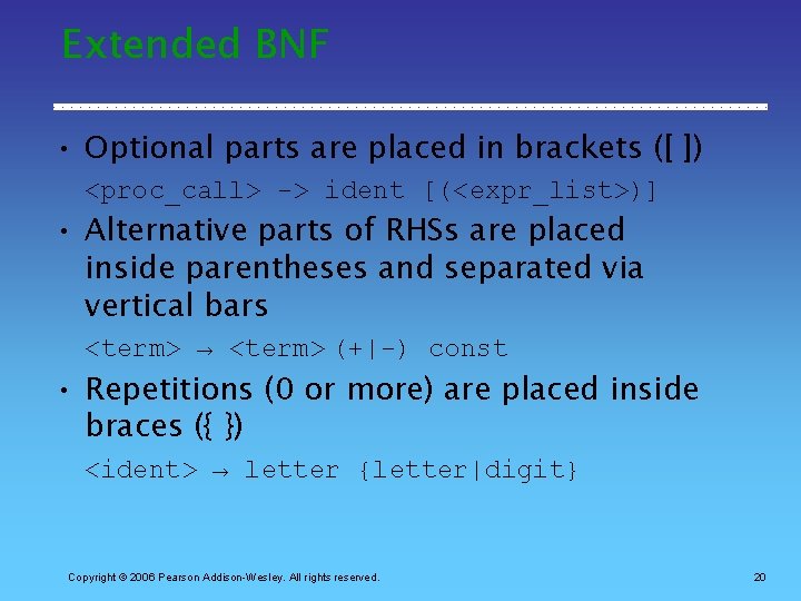 Extended BNF • Optional parts are placed in brackets ([ ]) <proc_call> -> ident