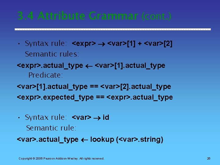 3. 4 Attribute Grammar (cont. ) • Syntax rule: <expr> <var>[1] + <var>[2] Semantic