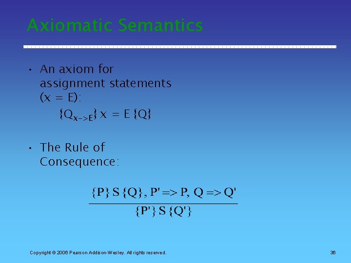 Axiomatic Semantics • An axiom for assignment statements (x = E): {Qx->E} x =