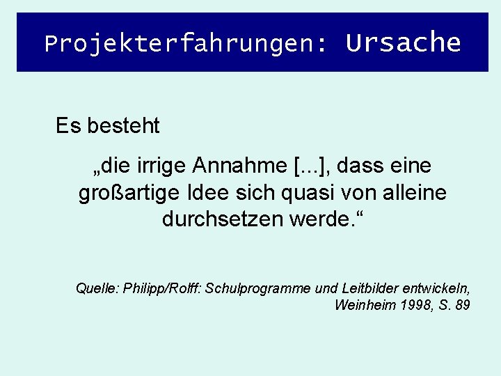 Projekterfahrungen: Ursache Es besteht „die irrige Annahme [. . . ], dass eine großartige