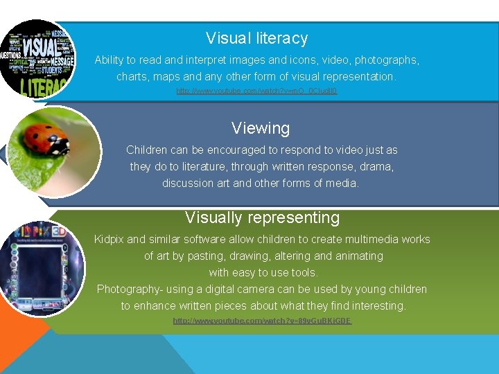 Visual literacy Ability to read and interpret images and icons, video, photographs, charts, maps Visual literacy Ability to read and interpret images and icons, video, photographs, charts, maps