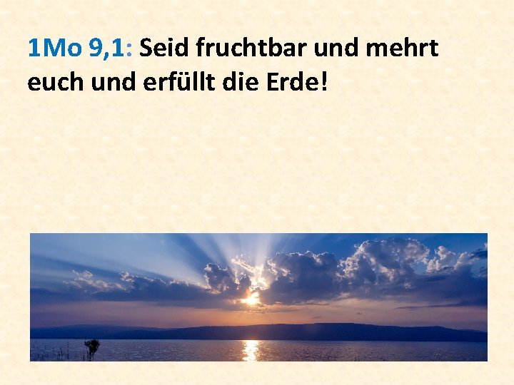 1 Mo 9, 1: Seid fruchtbar und mehrt euch und erfüllt die Erde! 