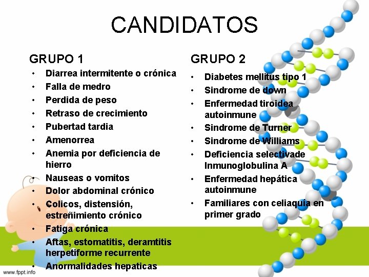 CANDIDATOS GRUPO 1 GRUPO 2 • • • • Diarrea intermitente o crónica Falla