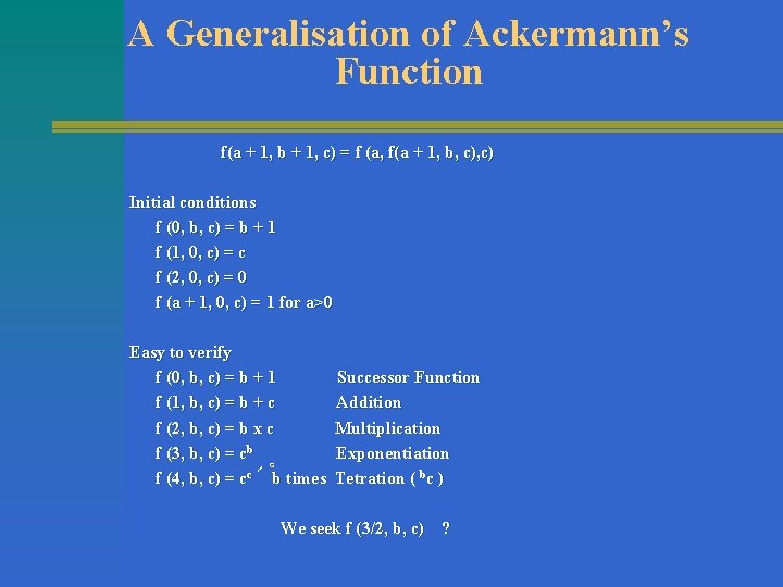 A Generalisation of Ackermann’s Function f(a + 1, b + 1, c) = f
