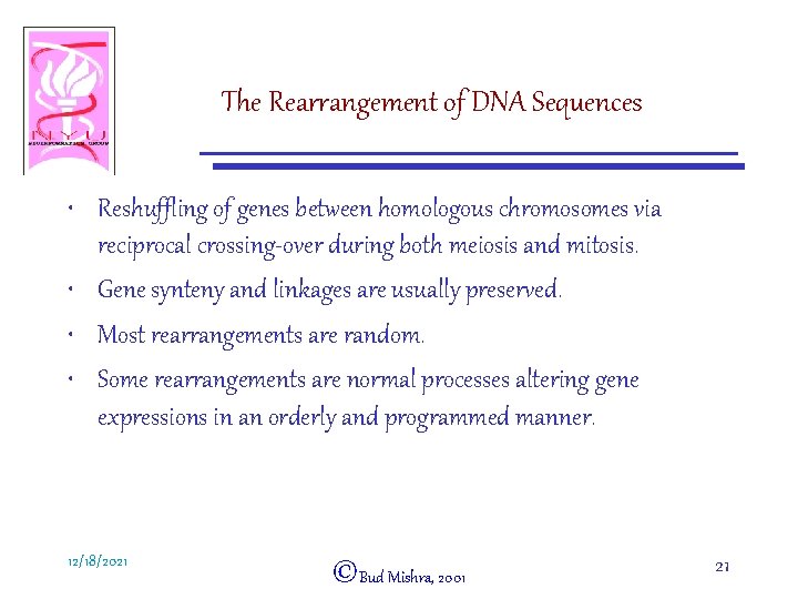 The Rearrangement of DNA Sequences • Reshuffling of genes between homologous chromosomes via reciprocal
