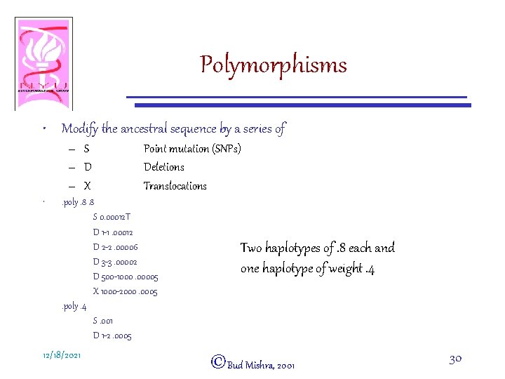 Polymorphisms • Modify the ancestral sequence by a series of – S – D