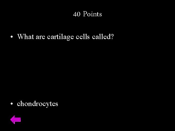 40 Points • What are cartilage cells called? • chondrocytes 
