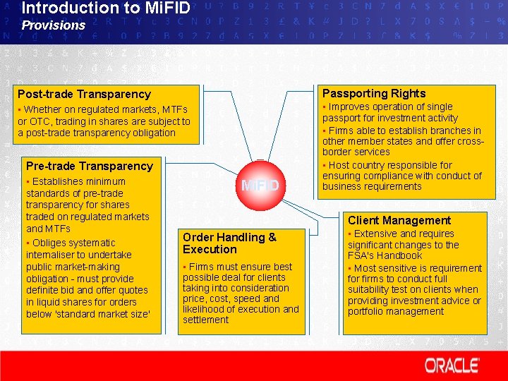 Introduction to Mi. FID Provisions Post-trade Transparency Passporting Rights • Whether on regulated markets,