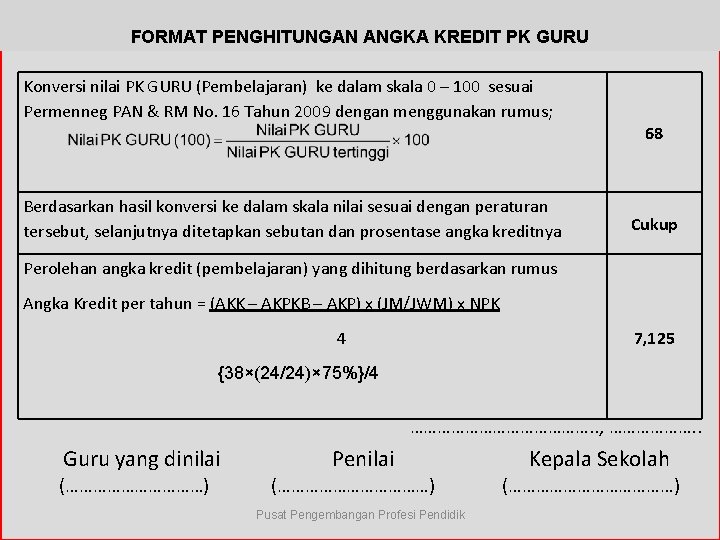 FORMAT PENGHITUNGAN ANGKA KREDIT PK GURU Konversi nilai PK GURU (Pembelajaran) ke dalam skala