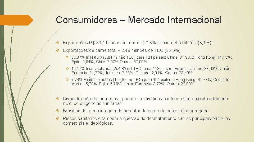 Consumidores – Mercado Internacional Exportações R$ 30, 1 bilhões em carne (20, 8%) e